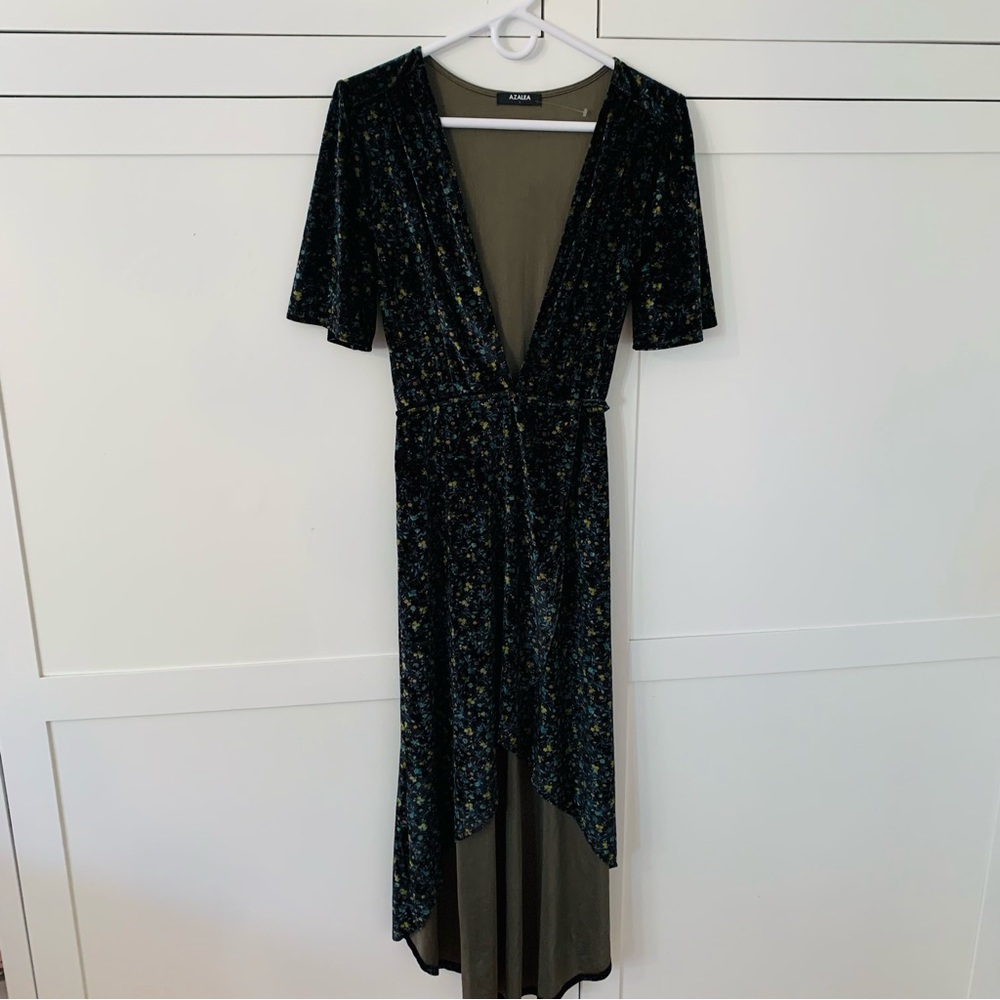 Azalea Velvet Black Yellow Ditsy Floral True Wrap High Low Size Large Dress